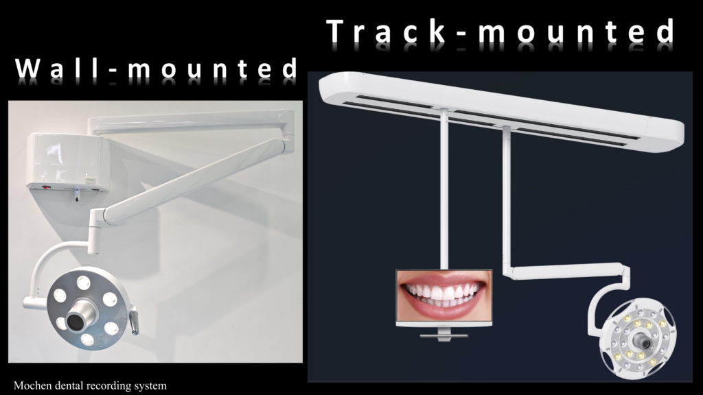 space saving wall mounted and track mounted dental operatory light with integrated camera system